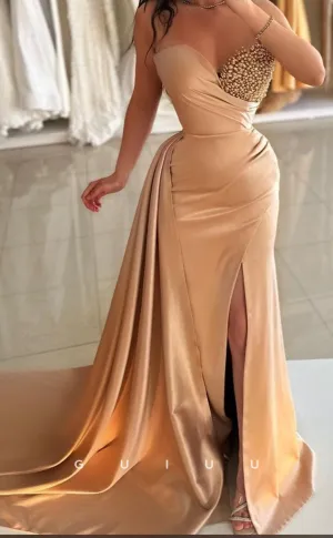 G3386 - Sexy & Hot Sheath & Mermaid Sweetheart High Side Slit Sweep Train Beaded Ball Gown Prom Dress