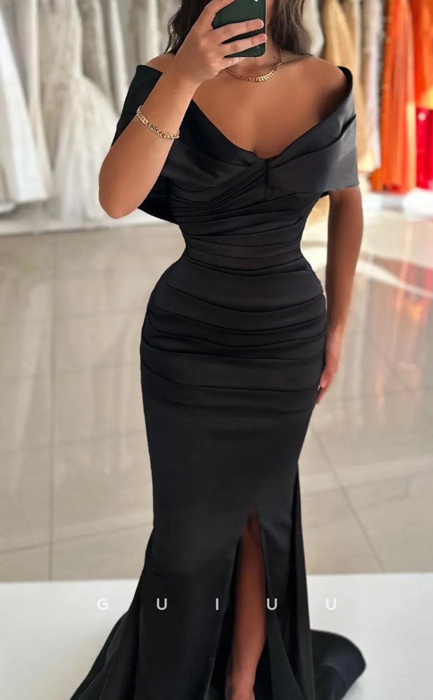 G3427 - Sexy & Hot Sheath & Mermaid Off Shoulder Draped Side Slit Long Evening Party Prom Dress With Sweep Train