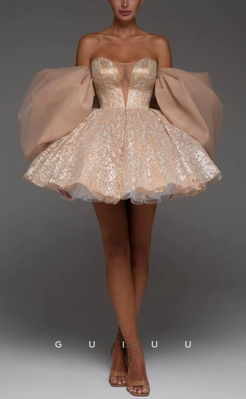 GH618 - Elegant & Luxurious Sequins Deep V-Neck Detachable Puff Sleeves Homecoming Dress