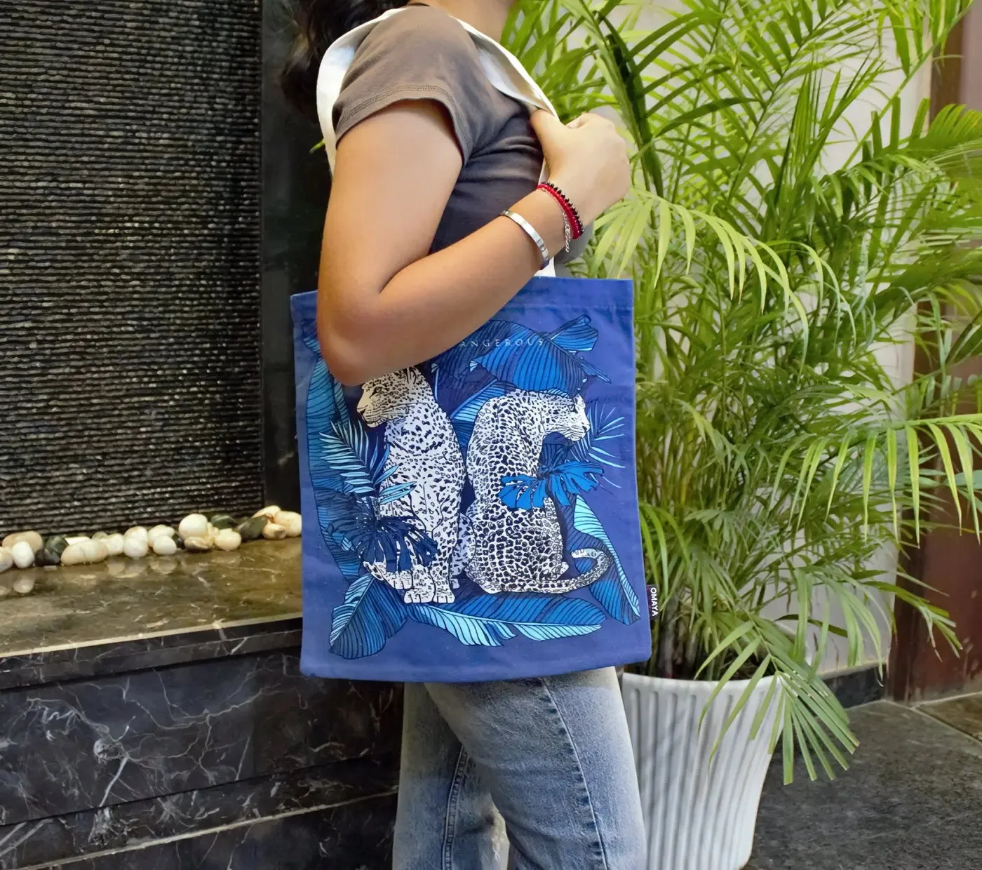 House of Omaya Blue Leopard  Canvas Tote bag 34×36 cm