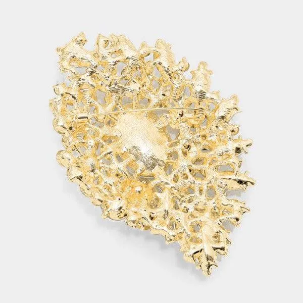 Large Oval Crystal Accented Flower Pin Brooch