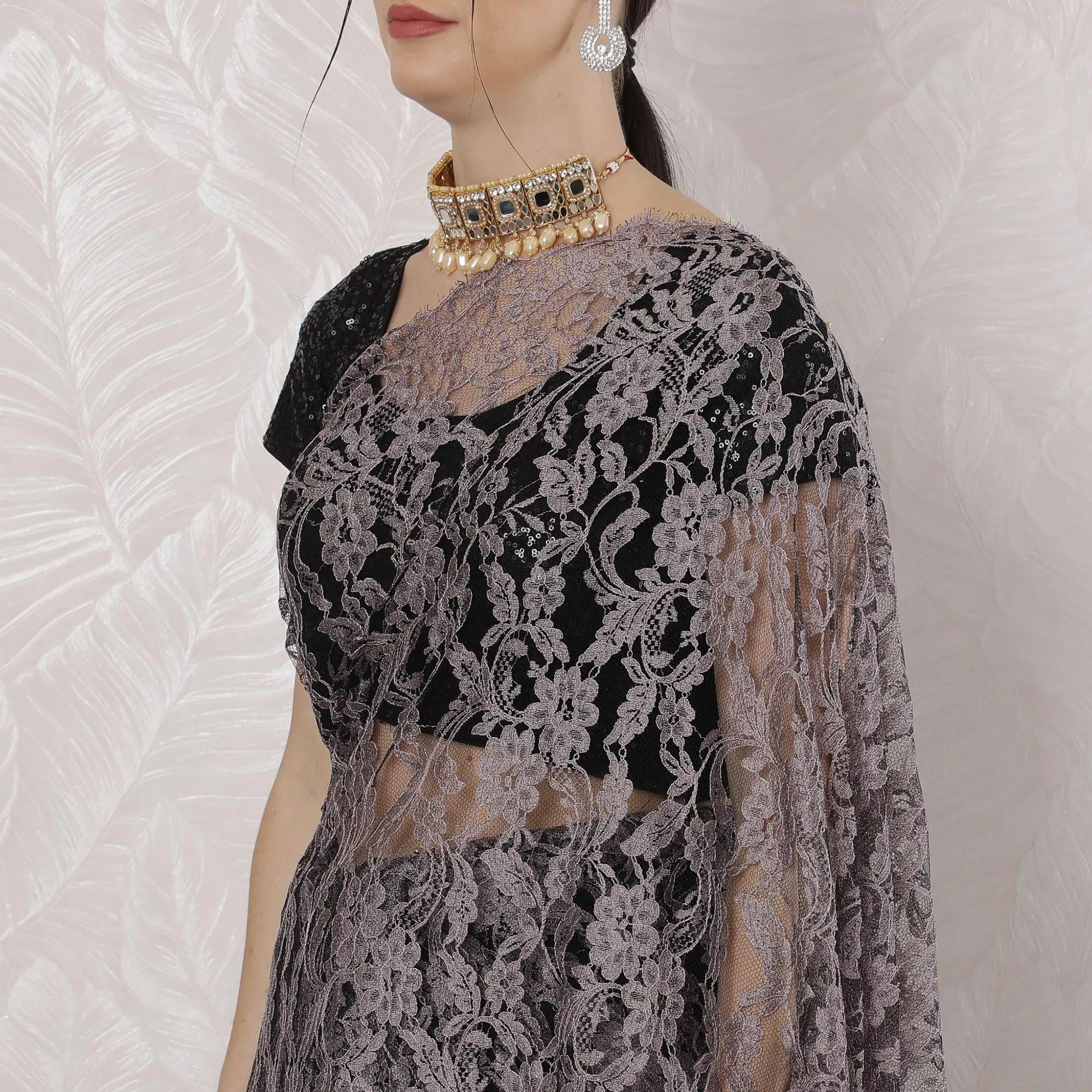 Light pink, black Premium pure French two tone chantilly lace saree in floral design-D163663