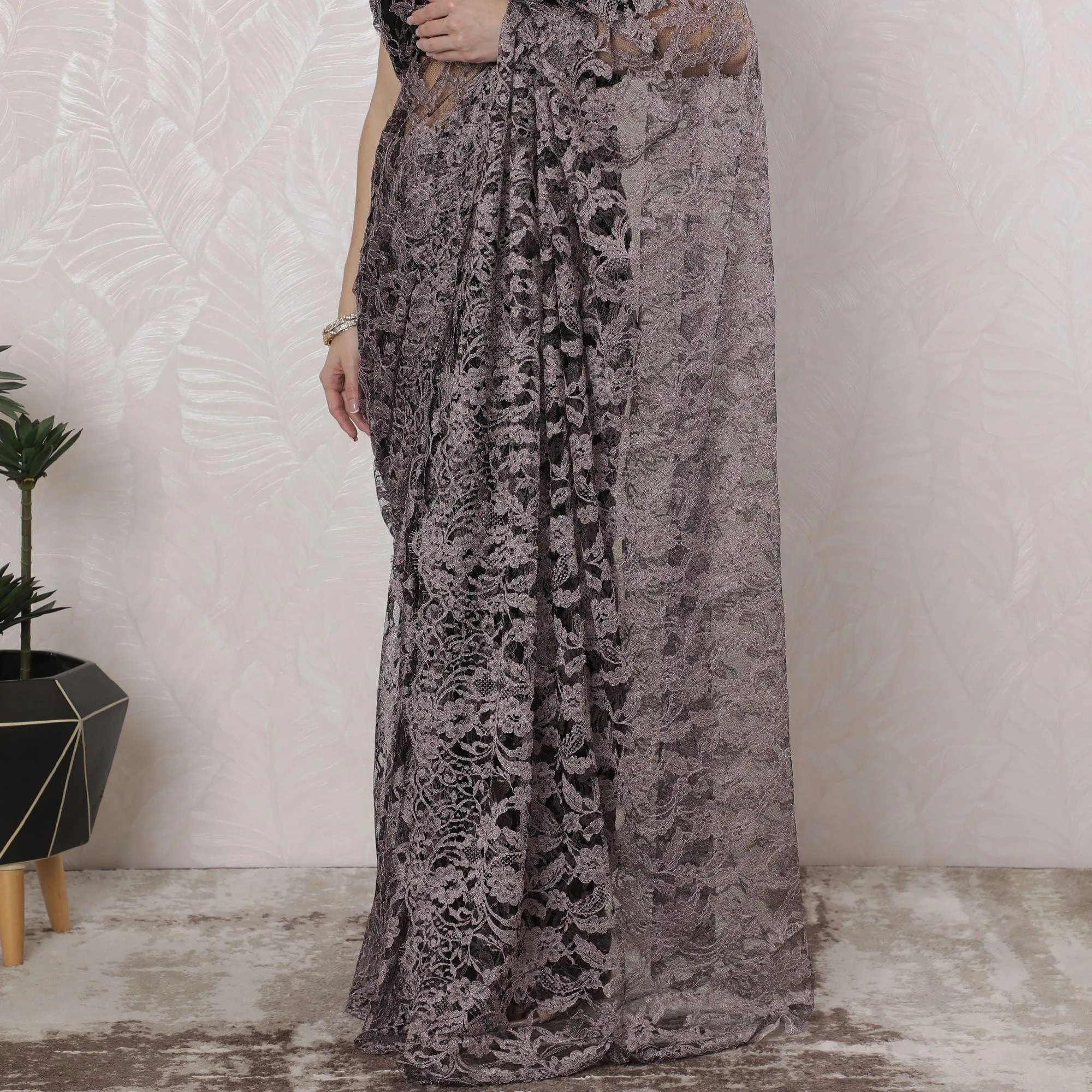 Light pink, black Premium pure French two tone chantilly lace saree in floral design-D163663