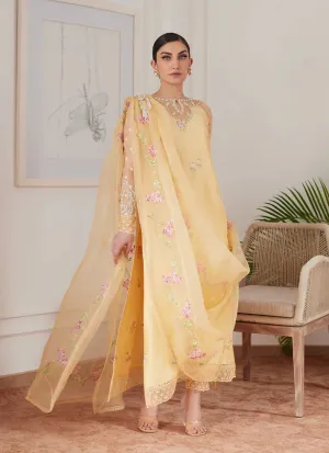 Luna Eid 24 - Cyrilla Pale Yellow Embroidered Raw Silk Shirt With Draped Dupatta