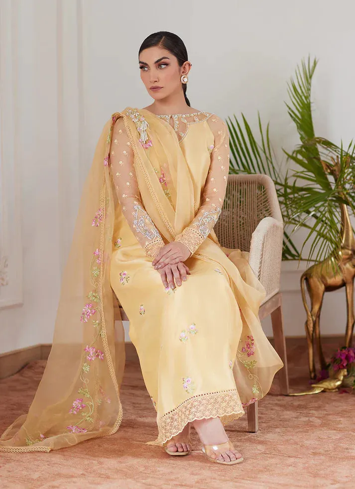 Luna Eid 24 - Cyrilla Pale Yellow Embroidered Raw Silk Shirt With Draped Dupatta