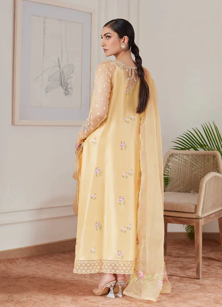 Luna Eid 24 - Cyrilla Pale Yellow Embroidered Raw Silk Shirt With Draped Dupatta