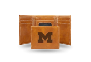 Michigan Wolverines - Laser Engraved Brown Trifold Wallet