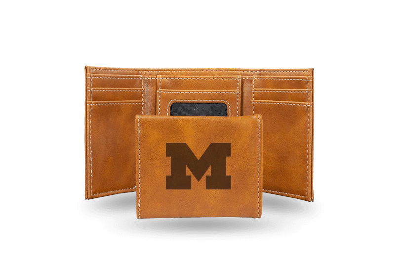 Michigan Wolverines - Laser Engraved Brown Trifold Wallet