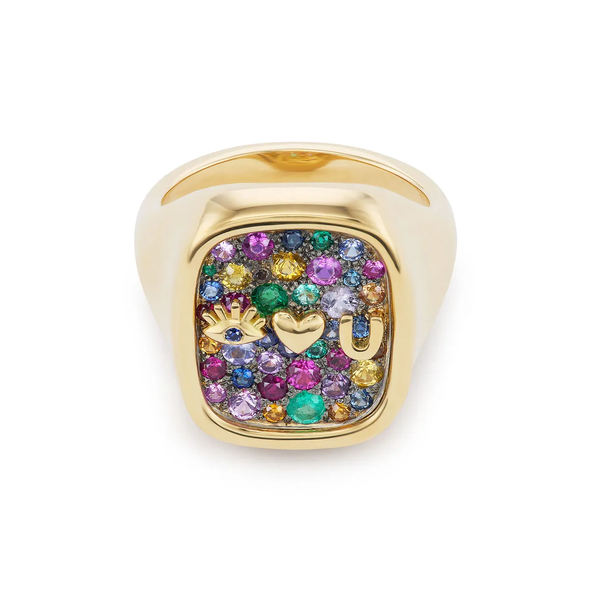 Mini Eye Heart U Signet with Rainbow Pave & Rhodium