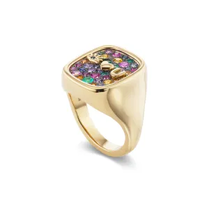Mini Eye Heart U Signet with Rainbow Pave & Rhodium