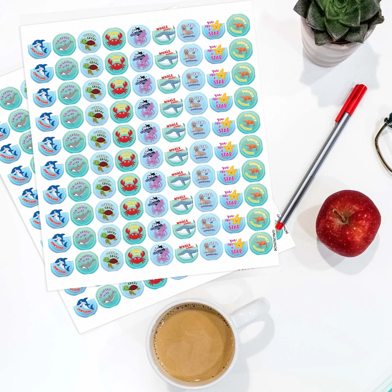 Motivational Teacher Reward Stickers for Students: Under the Sea (1,080 Stickers)