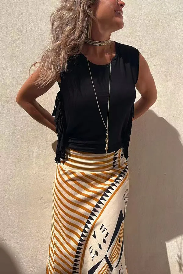 Music Festival Style Prints Skirt   Sleeveless Top 2 Pieces Set