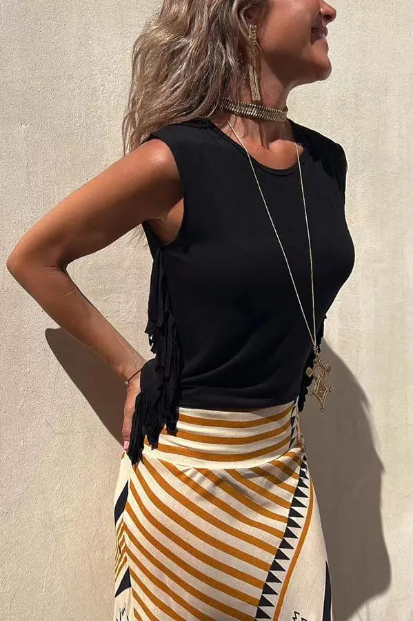 Music Festival Style Prints Skirt   Sleeveless Top 2 Pieces Set