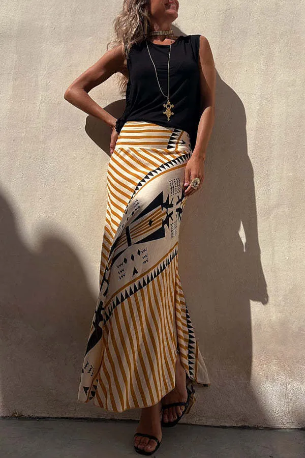Music Festival Style Prints Skirt   Sleeveless Top 2 Pieces Set