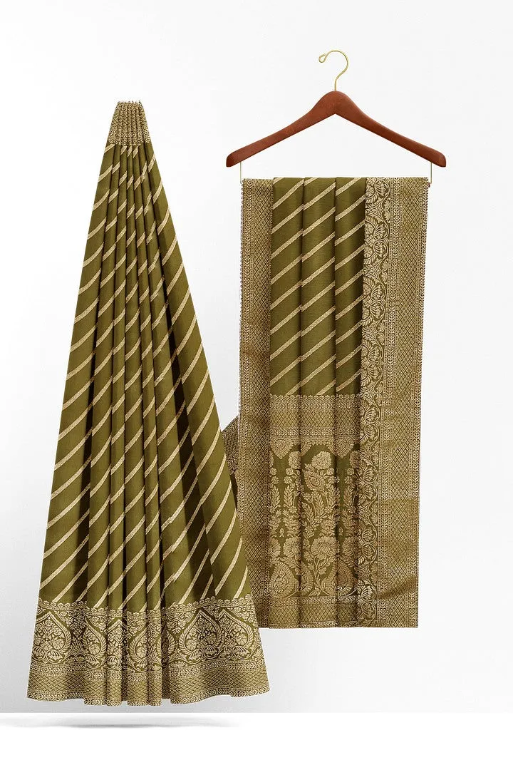 Olive Green Banarasi Silk Saree with Lehariya Weave