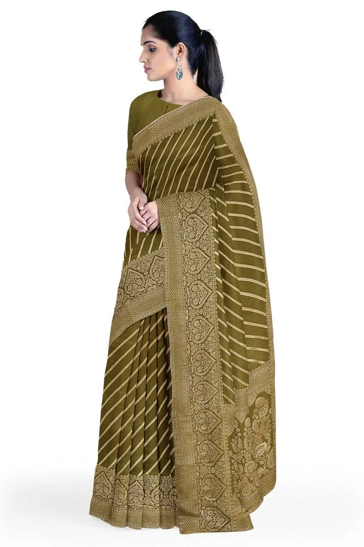 Olive Green Banarasi Silk Saree with Lehariya Weave