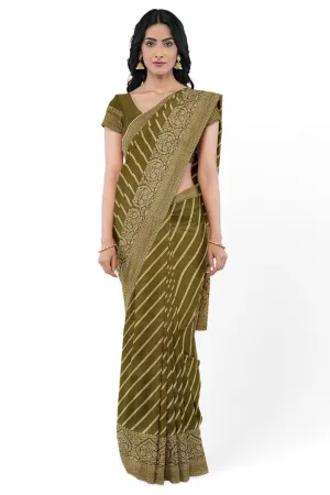 Olive Green Banarasi Silk Saree with Lehariya Weave