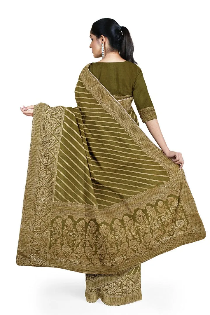 Olive Green Banarasi Silk Saree with Lehariya Weave