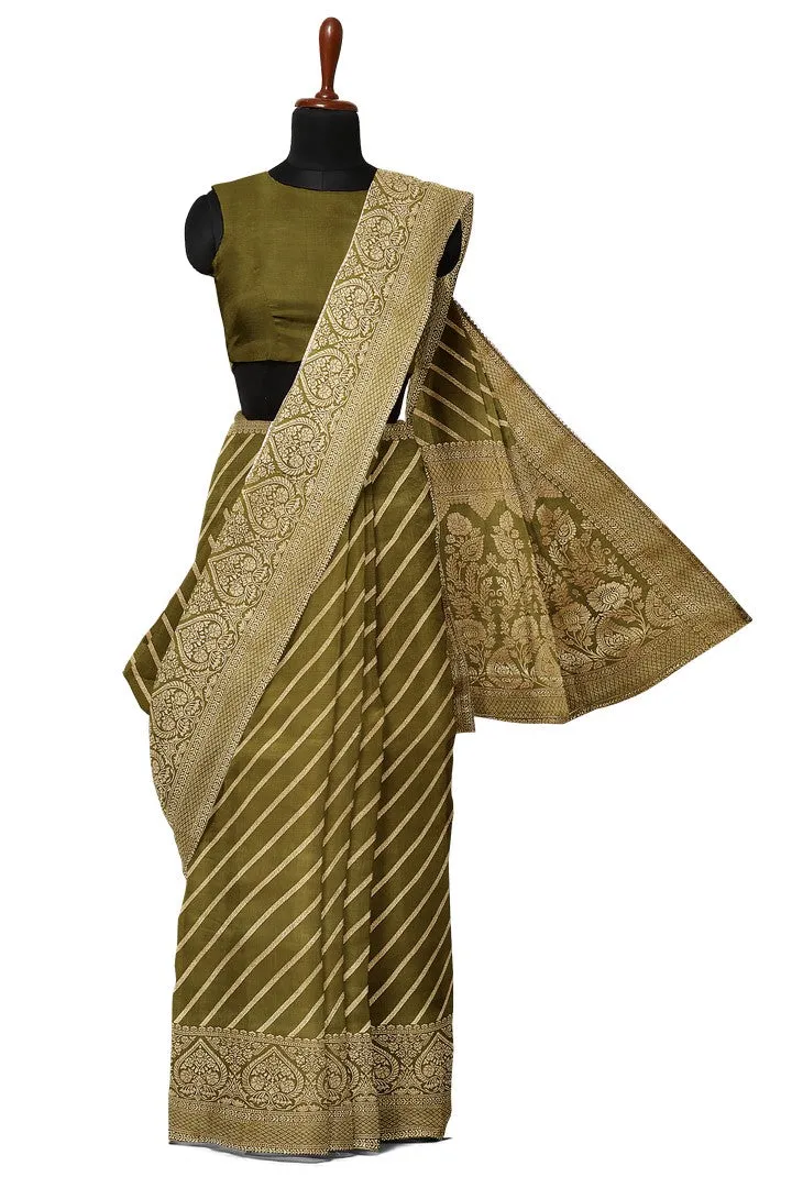 Olive Green Banarasi Silk Saree with Lehariya Weave
