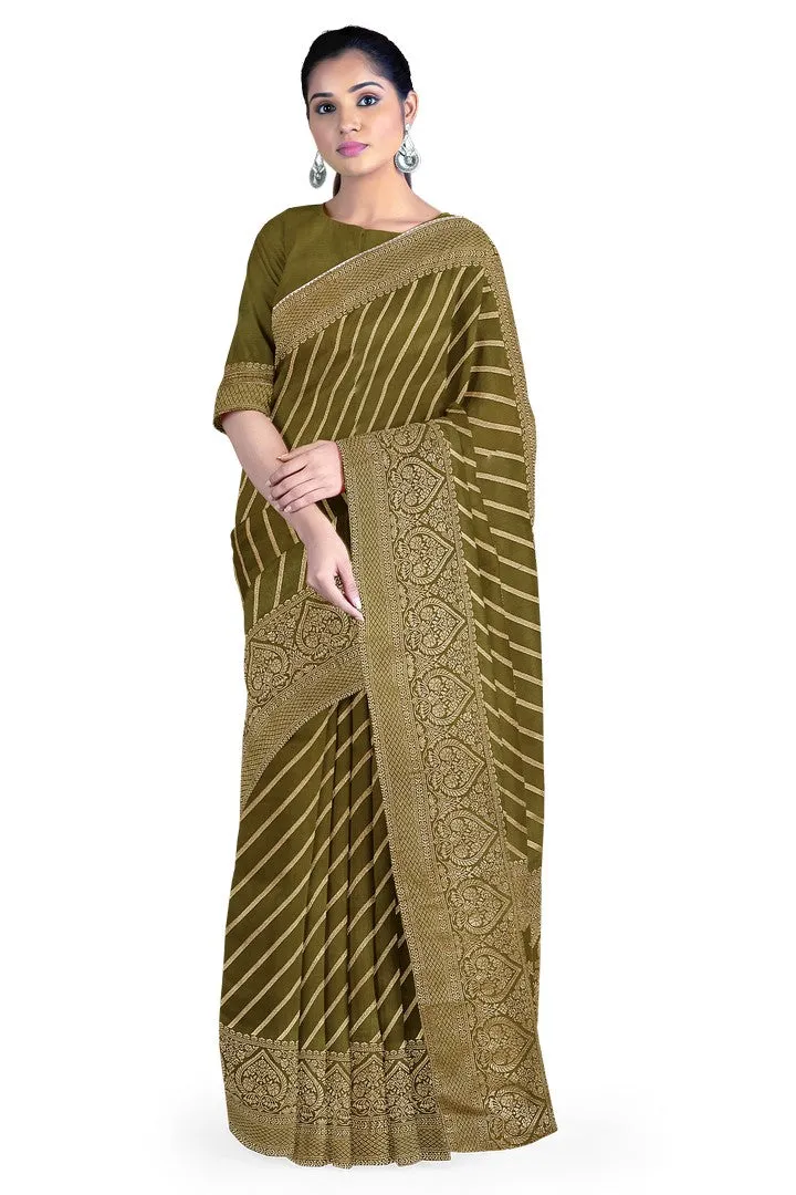 Olive Green Banarasi Silk Saree with Lehariya Weave