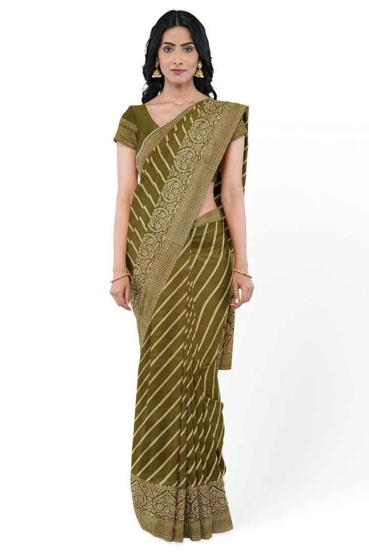 Olive Green Banarasi Silk Saree with Lehariya Weave