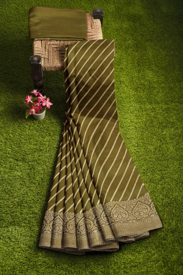 Olive Green Banarasi Silk Saree with Lehariya Weave