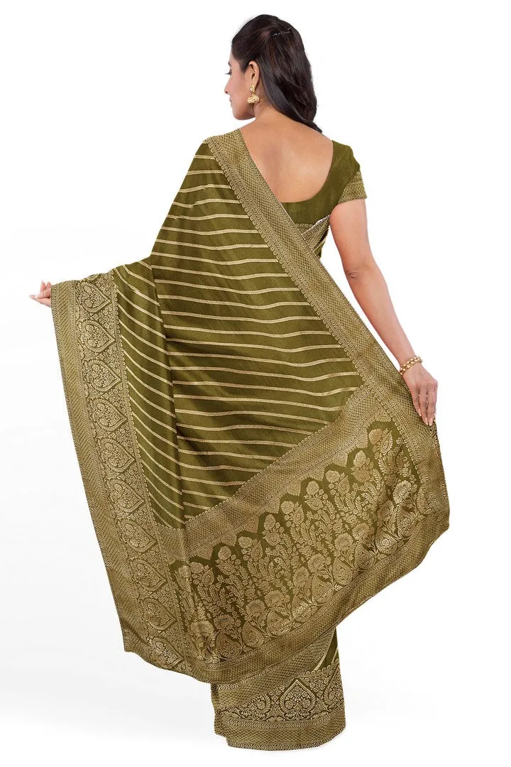 Olive Green Banarasi Silk Saree with Lehariya Weave