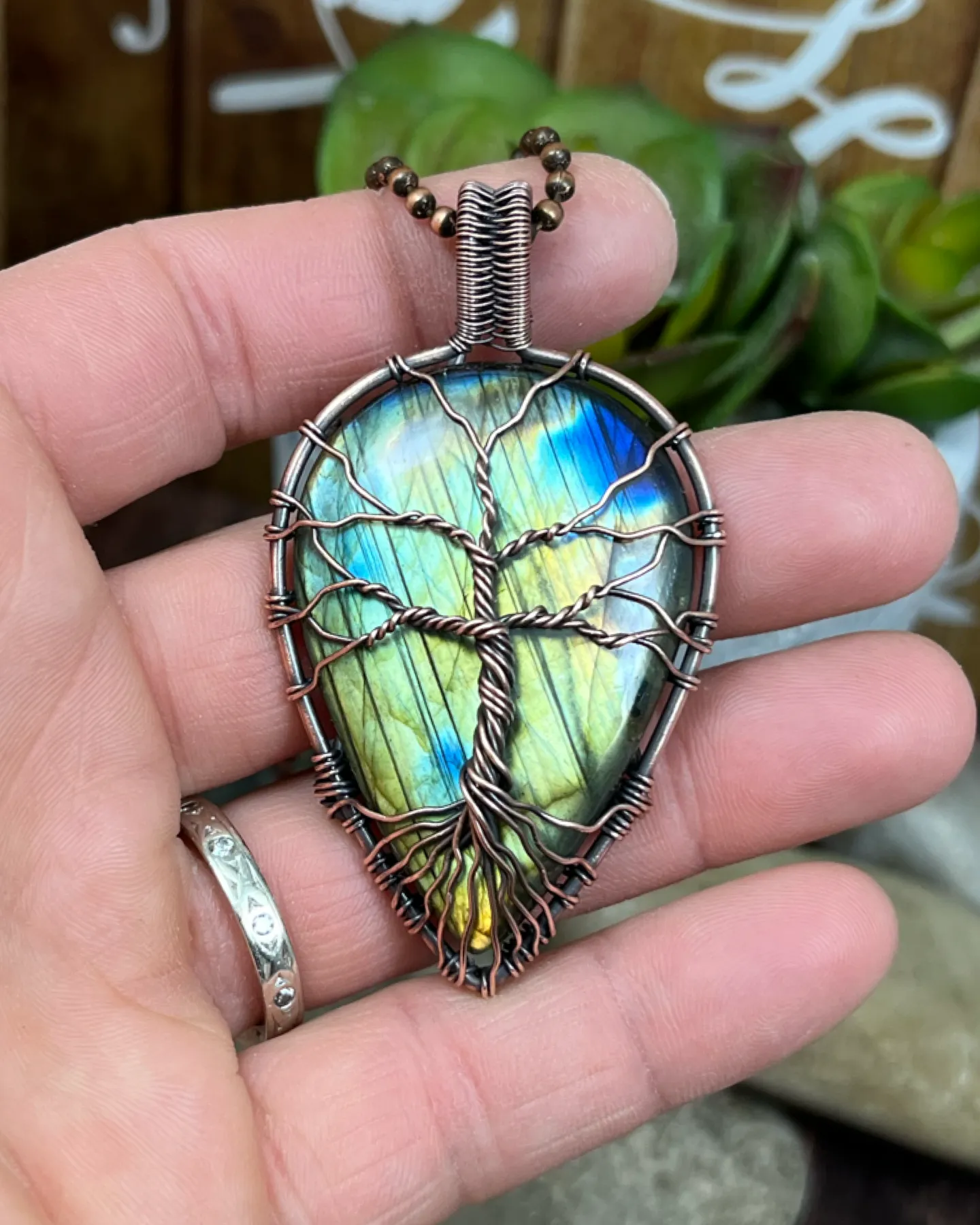 Oxidized Copper Wire Woven Tree Of Life Labradorite Pendant