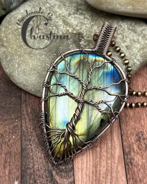 Oxidized Copper Wire Woven Tree Of Life Labradorite Pendant