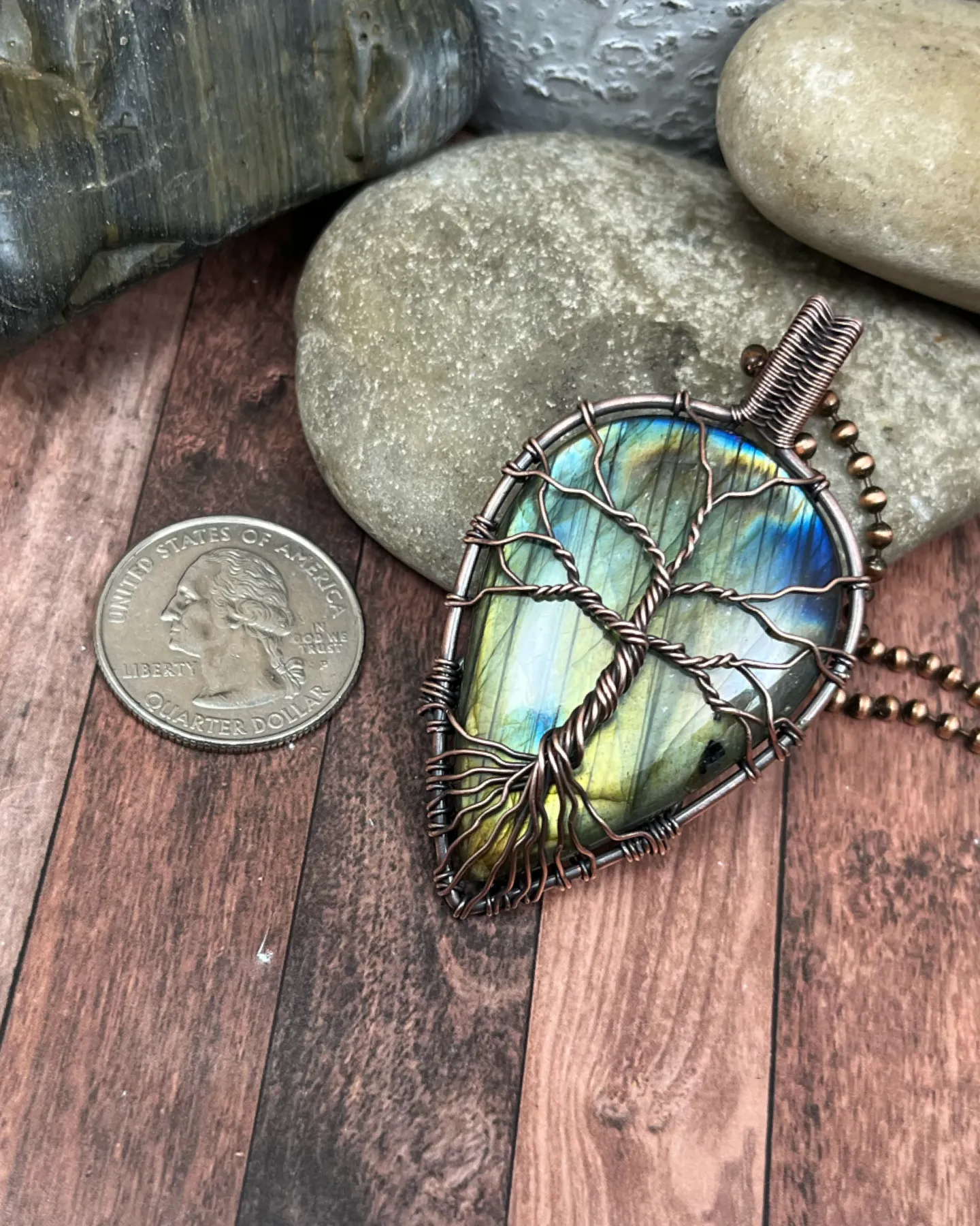 Oxidized Copper Wire Woven Tree Of Life Labradorite Pendant