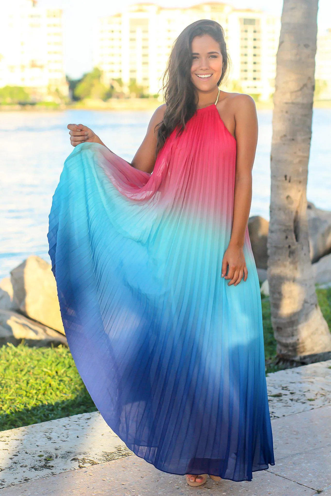 Pink and Blue Pleated Maxi Dress