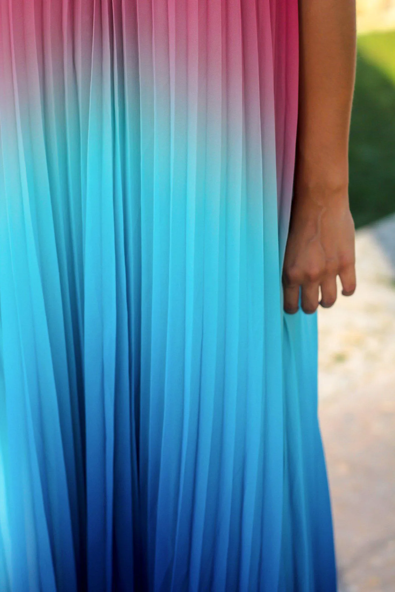 Pink and Blue Pleated Maxi Dress