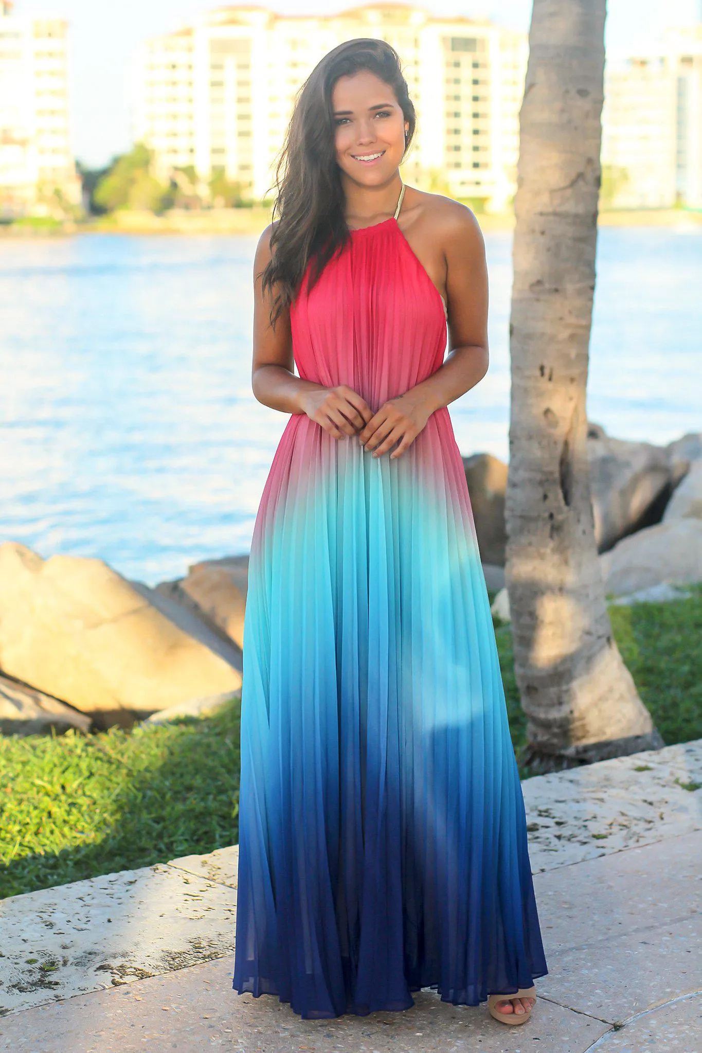 Pink and Blue Pleated Maxi Dress
