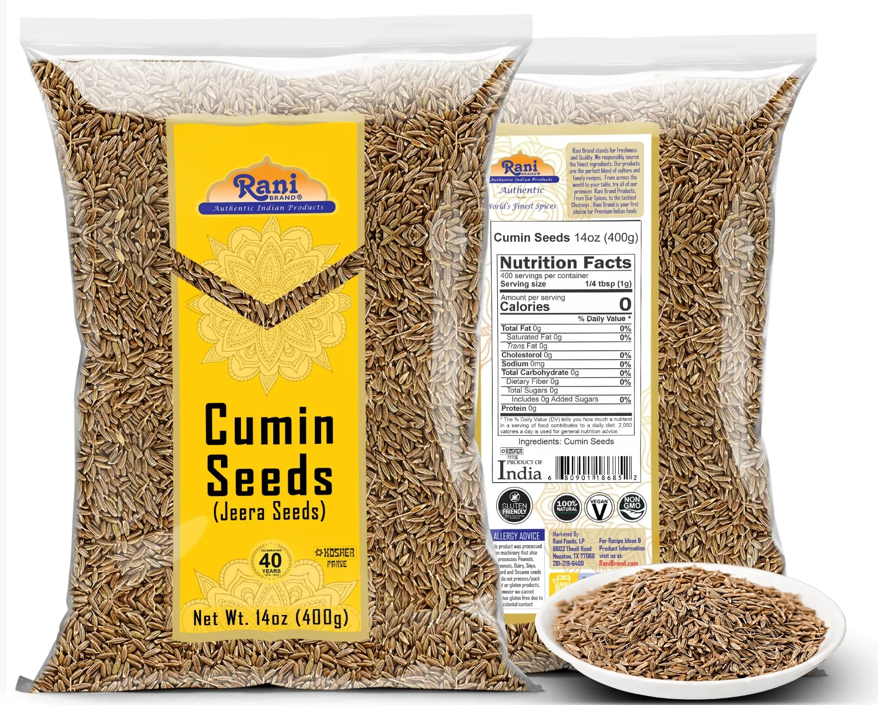 Rani Cumin Seeds Whole (Jeera) Spice 14oz (400g) ~ All Natural | Gluten Friendly | NON-GMO | Kosher | Vegan | Indian Origin