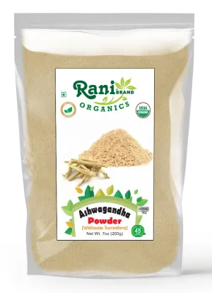 Rani Organic Ashwagandha Powder (Withania Somnifera) 7oz (200g) ~ All Natural | No Color | Gluten Friendly | Vegan | Non-GMO | Kosher | No Salt or fillers | Indian Origin | USDA Organic Certified