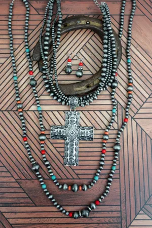 Silverthorne Multi-Color Cross Double Necklace and Earring Set