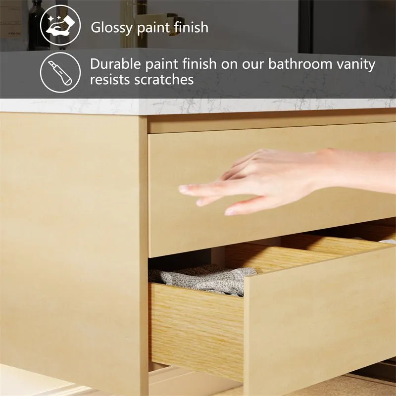 Sleek 36" Modern Floating Maple wood Bathroom Vanity Cabinet with with Lights and Stone Slab Countertop
