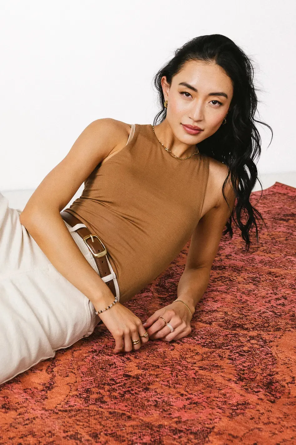 Sleek Jersey Solid Tank in Camel