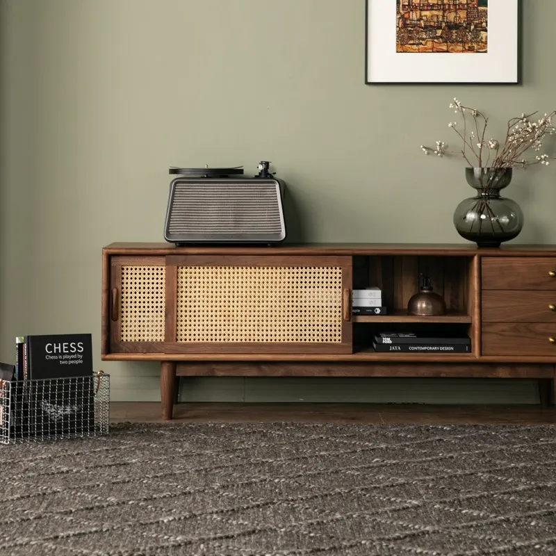 Sleek Rattan Sliding Door Tv Cabinet