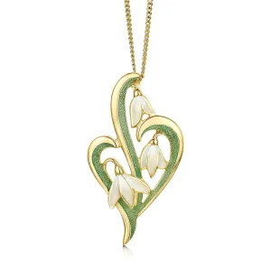 Snowdrop 3-leaf 18ct Yellow Gold Pendant in Opal White Enamel