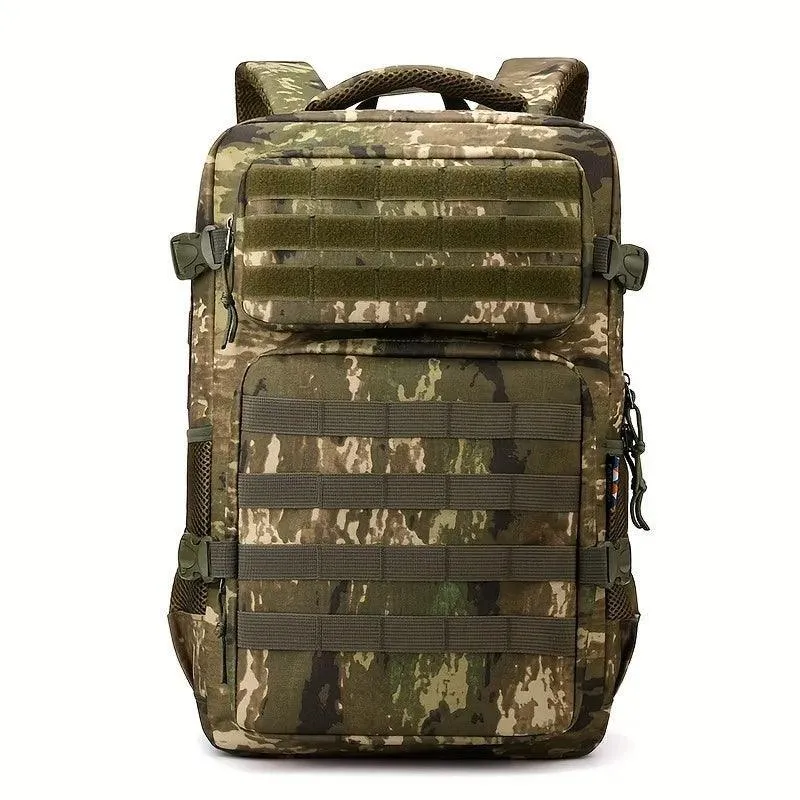 Tactical Backpack, Durable Nylon, Ergonomic Straps, Multiple Compartments, Weather-Resistant, Available in Brown Camo, Army Green, Black