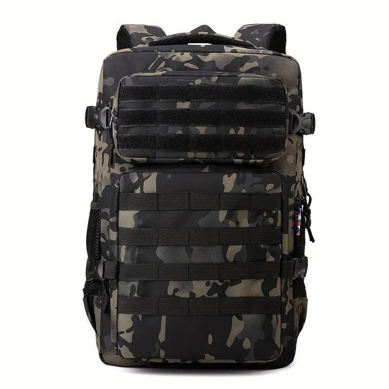 Tactical Backpack, Durable Nylon, Ergonomic Straps, Multiple Compartments, Weather-Resistant, Available in Brown Camo, Army Green, Black
