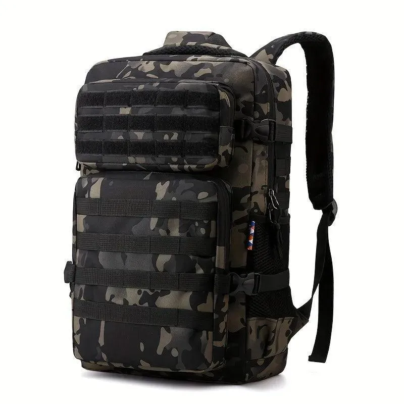 Tactical Backpack, Durable Nylon, Ergonomic Straps, Multiple Compartments, Weather-Resistant, Available in Brown Camo, Army Green, Black