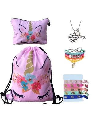 Unicorn Gifts for Girls - Unicorn Drawstring Backpack/Makeup Bag/Bracelet/Inspirational Necklace/Hair Ties (Pink Flower)