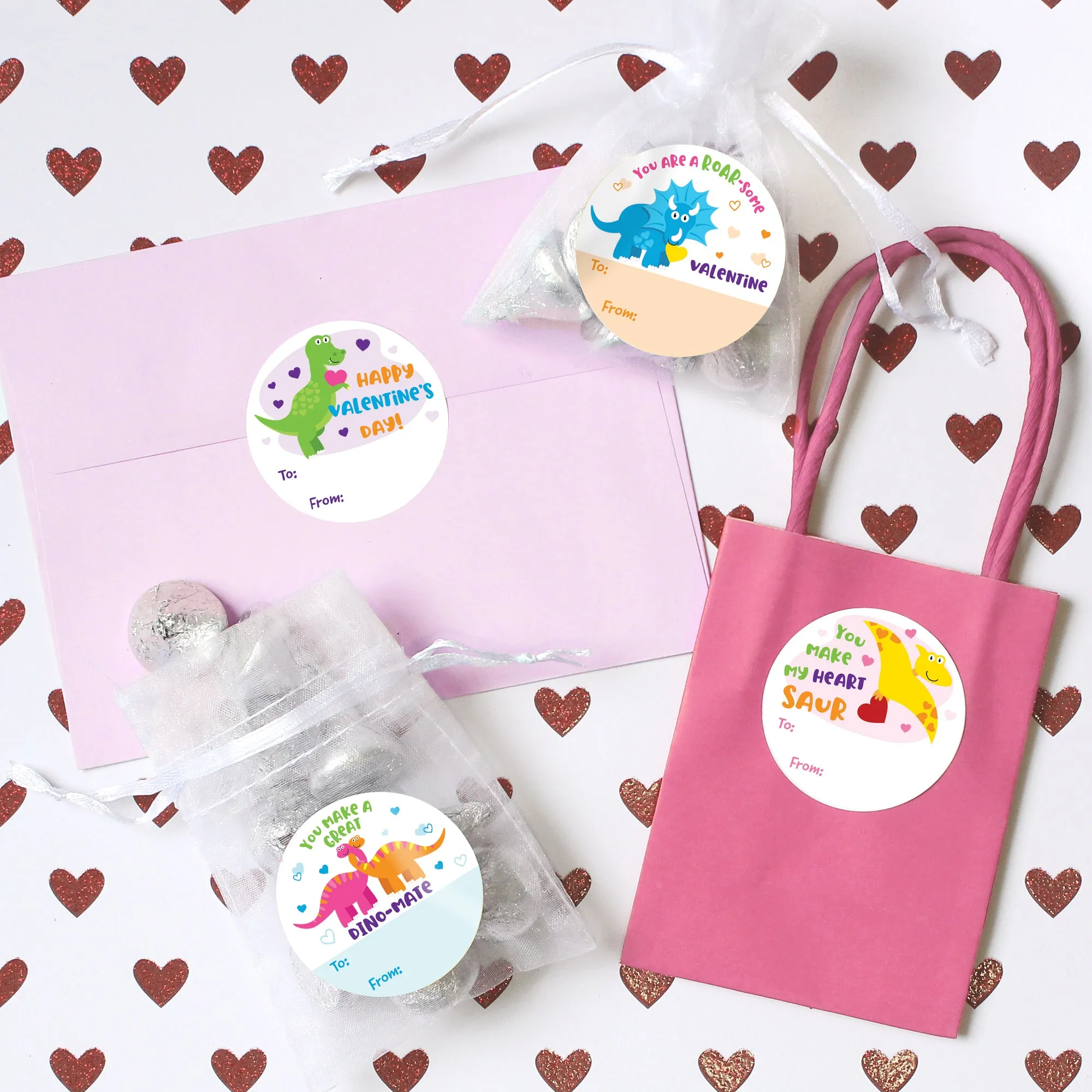 Valentine's Day Treat Stickers: Dinosaur - 40 Circle Stickers
