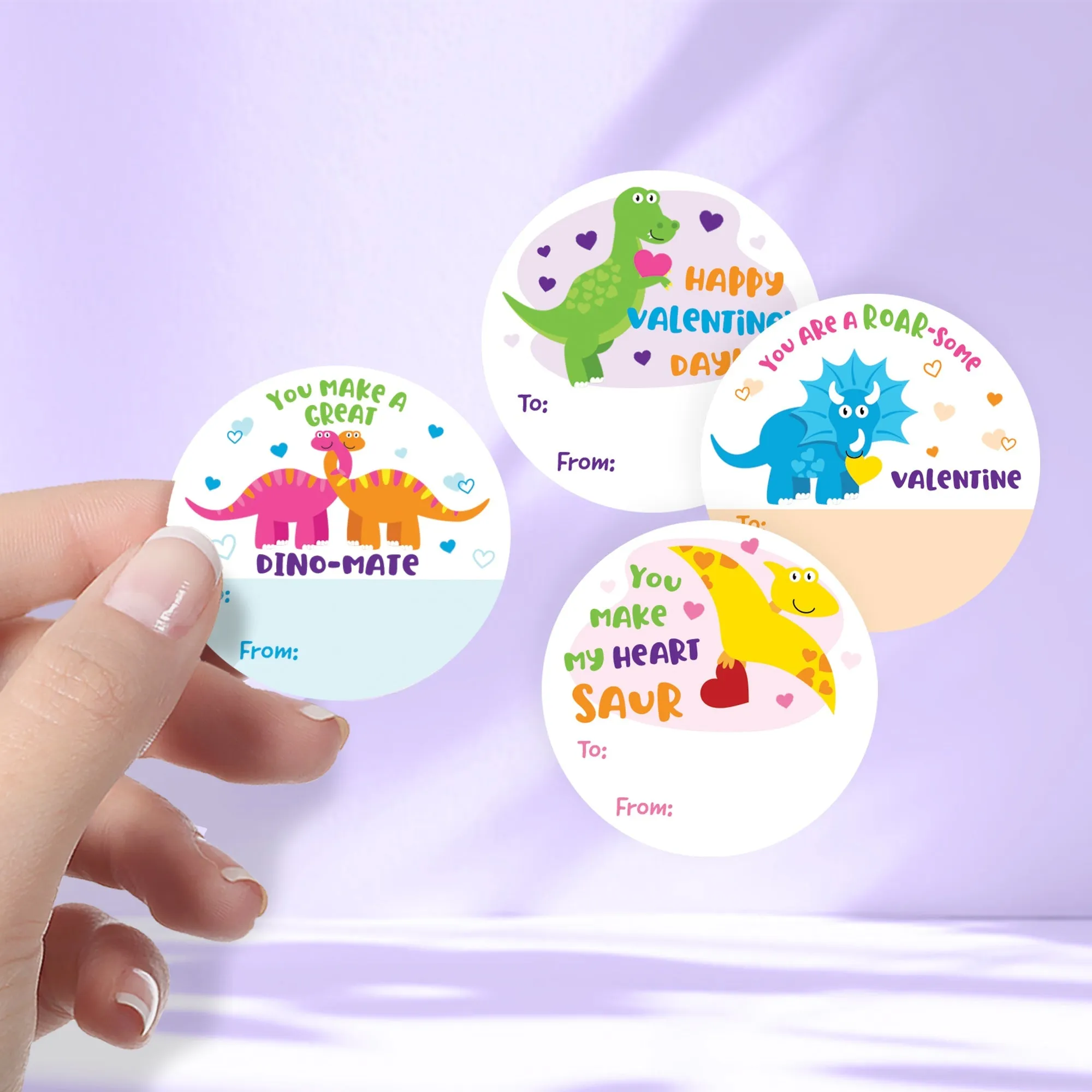 Valentine's Day Treat Stickers: Dinosaur - 40 Circle Stickers