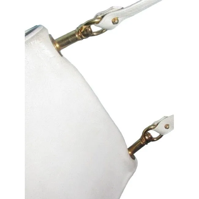Vintage 1970s Gucci white textured leather Blondie style saddle bag with XL gold GG logo cutout in mint condition