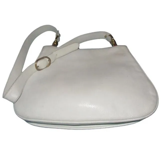 Vintage 1970s Gucci white textured leather Blondie style saddle bag with XL gold GG logo cutout in mint condition