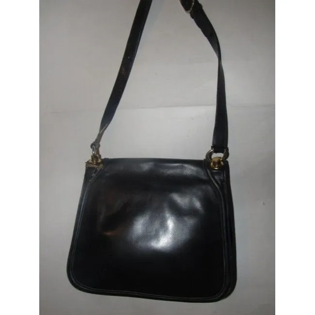 Vintage Gucci midnight blue leather 'Blondie' saddle style, shoulder bag with large, gold 'GG' emblem & multiple compartments