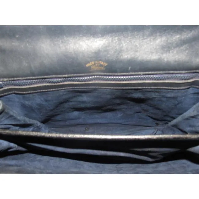Vintage Gucci midnight blue leather 'Blondie' saddle style, shoulder bag with large, gold 'GG' emblem & multiple compartments